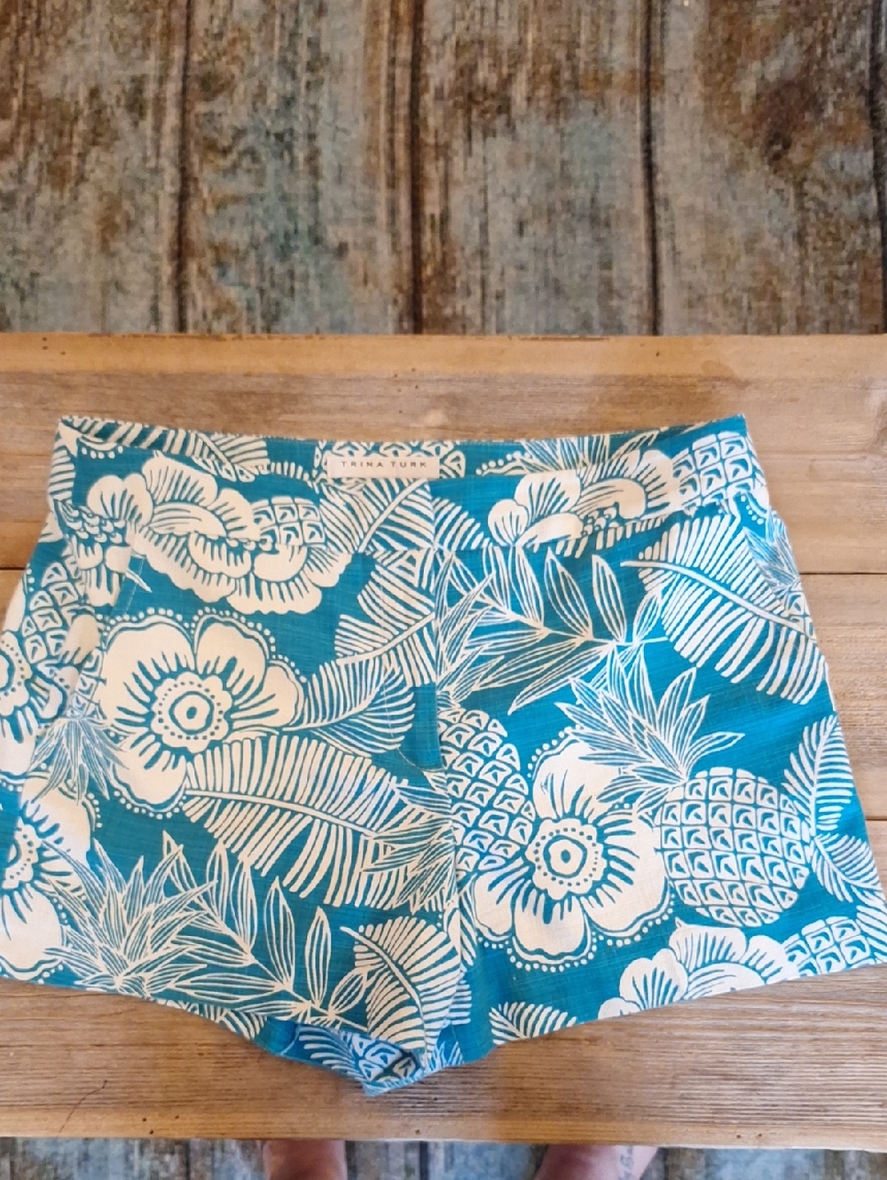 Trina Turk Teal and White Tropical Pineapple Bermuda Shorts. Size 14
